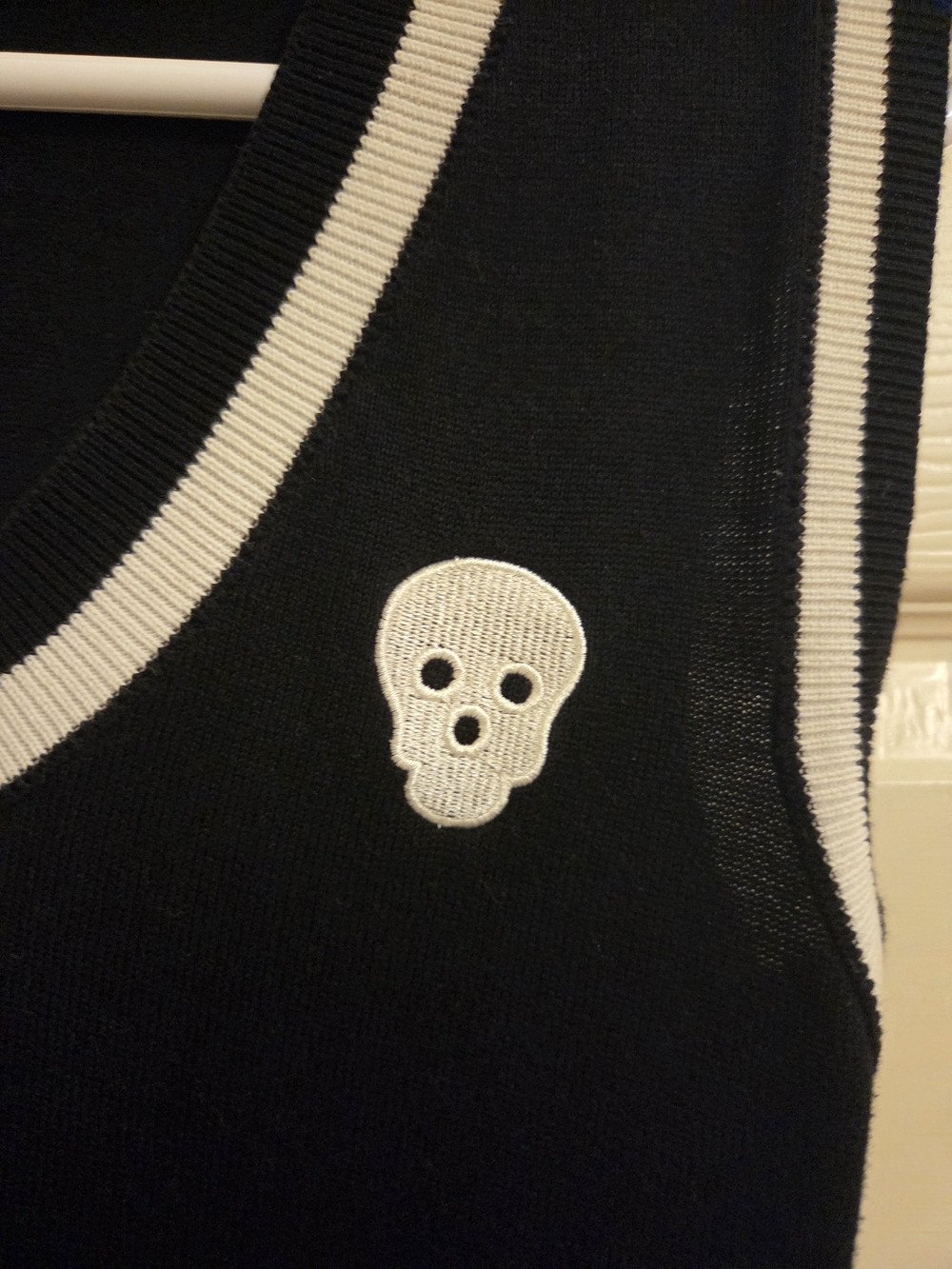 Black HOT TOPIC V-Neck Sweater Vest with White Trim and Skull Detail - Picture 2 of 2